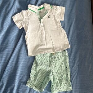 White & Light Green Boys Polo Shirt with Striped Shorts, golf motif